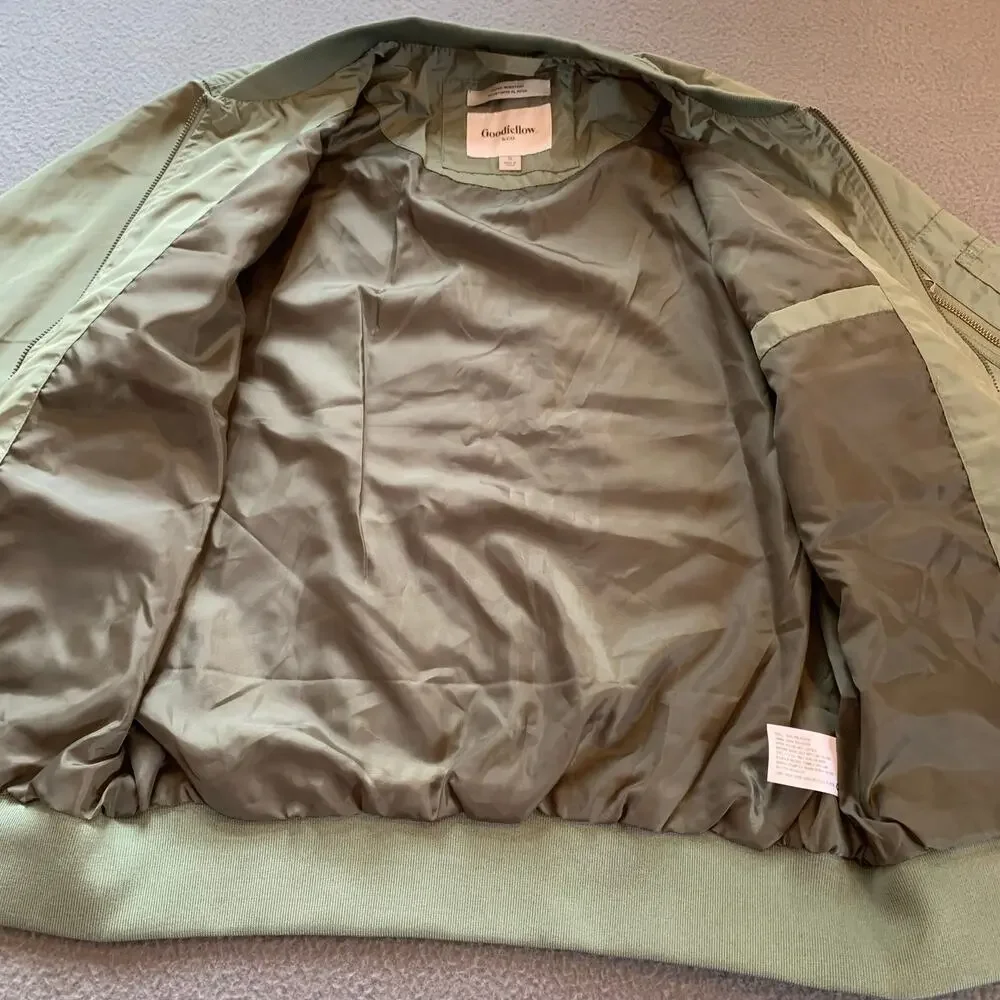 Men's Satin Bomber Jacket Full Zip Sage Green Small Lightweight Goodfellow & Co